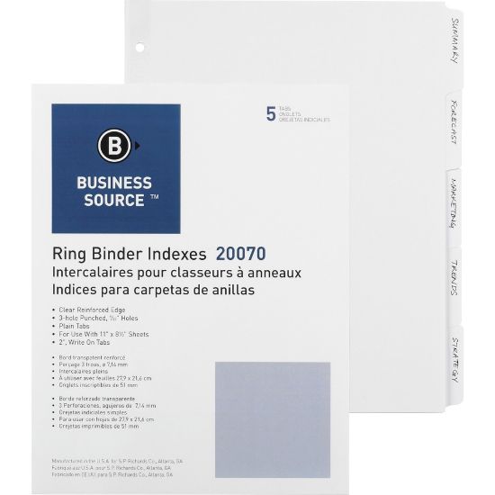 Picture of Business Source 3-Ring Plain Tab Indexes - 5 Write-on Tab(s)2in Tab Width - 8.5in Divider Width x 11in Divider Length - Letter - 3 Hole Punched - White Divider - 100 / Box