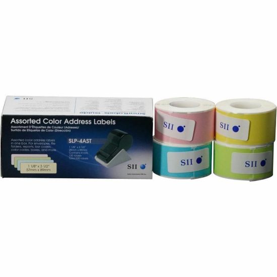 Picture of Seiko Direct Thermal Address Labels, SKPSLP4AST, Rectangle, 3 1/2inW x 1 1/8inL, Blue/Green/Pink, Roll Of 130 Labels