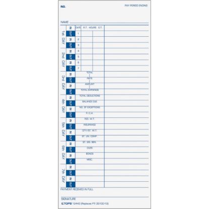 Picture of TOPS One-Side Weekly Time Cards - 4in x 9in Sheet Size - White Sheet(s) - Blue Print Color - 100 / Pack