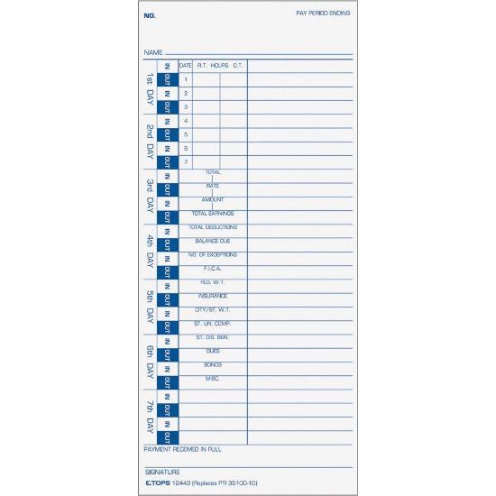 Picture of TOPS One-Side Weekly Time Cards - 4in x 9in Sheet Size - White Sheet(s) - Blue Print Color - 100 / Pack