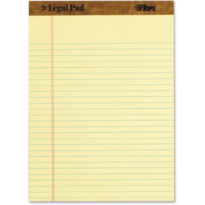 Picture of TOPS Legal Ruled Writing Pads - 50 Sheets - Stitched - Legal Ruled - 0.34in Ruled - Ruled - 16 lb Basis Weight - 8 1/2in x 11 3/4in - 0.60in x 11.8in8.5in - Canary Paper - Perforated, Chipboard Backing, Perforated, Acid-free, Sturdy Back, Heavyweight - 3