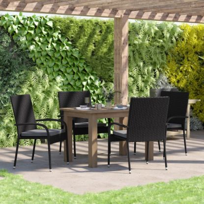 Picture of Flash Furniture Maxim Stackable Indoor/Outdoor Wicker Dining Chairs With Tie-On Padded Seat Cushions, Gray/Black, Set Of 4 Chairs