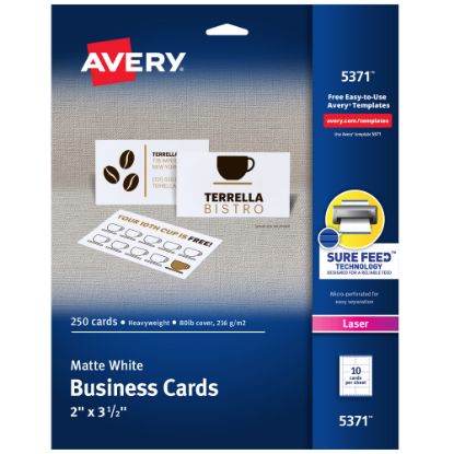 Picture of Avery Printable Business Cards With Sure Feed Technology For Laser Printers, 2in x 3.5in, White, 250 Blank Cards