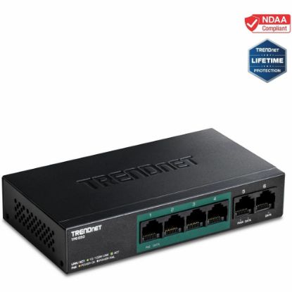 Picture of TRENDnet 6-Port Fast Ethernet PoE+ Switch, 4 x Fast Ethernet PoE Ports, 2 x Fast Ethernet Ports, 60W PoE Budget, 1.2 Gbps Switch Capacity, Metal, Limited Lifetime Protection, Black, TPE-S50 - 6-Port Fast Ethernet PoE+ Switch