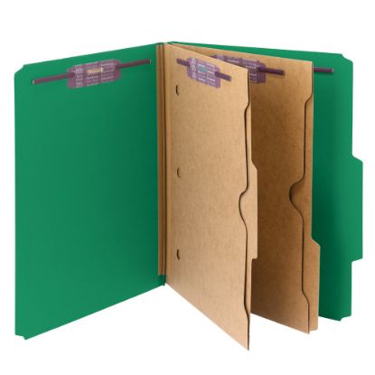 Picture of Smead Pressboard Classification Folders With SafeSHIELD Fasteners And 2 Pocket Dividers, Letter Size, 100% Recycled, Green, Box Of 10