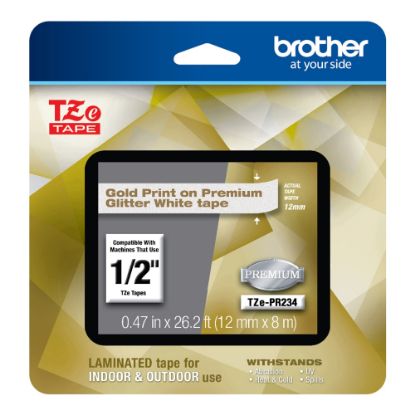 Picture of Brother TZe Premium Glitter Laminated Tape, 1/2in x 26-3/16ft, Gold Ink/White Tape