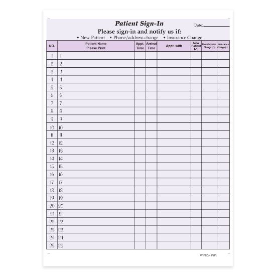 Picture of HIPAA Compliant Patient/Visitor Privacy 2-Part Sign-In Sheets, 8-1/2in x 11in, Purple, Pack Of 250 Sheets