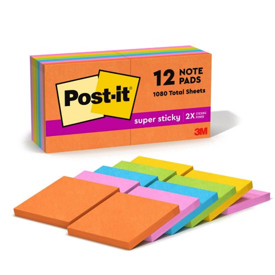 Picture of Post-it Super Sticky Notes, 3 in x 3 in, 12 Pads, 90 Sheets/Pad, 2x the Sticking Power, Back to School Supplies for Students, Sticky Notes for Textbooks and Notebooks, Energy Boost Collection