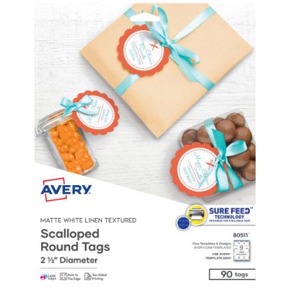 Picture of Avery Printable Textured Scallop Round Tags, 2 1/2in diameter, White, Pack of 90