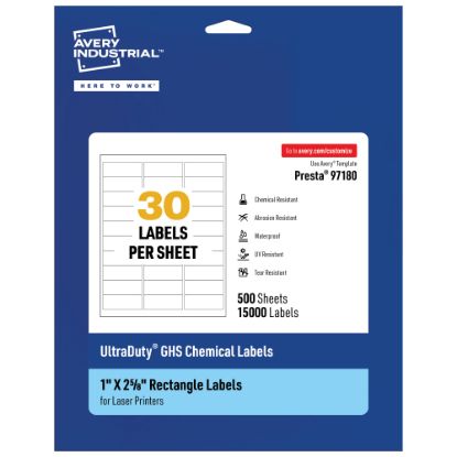 Picture of Avery Ultra Duty Permanent GHS Chemical Labels, 97180-WMU500, Rectangle, 1in x 2-5/8in, White, Pack Of 15,000