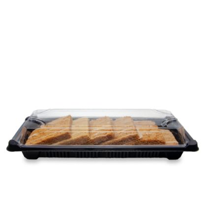 Picture of Stalk Market Compostable Food Trays, With Lids,9.25in x 4.125in x 1.75in, Clear lids and black bottoms, Pack of 400 Trays