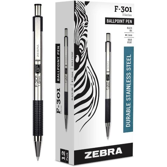 Picture of Zebra Pen F-301 Stainless Steel Retractable Ballpoint Pens, Pack Of 12, Bold Point, 1.6 mm, Silver Barrel, Black Ink