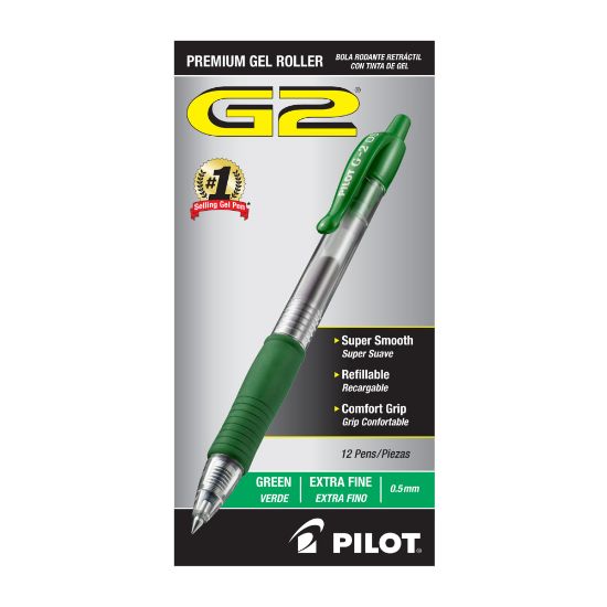 Picture of Pilot G-2 Retractable Gel Pens, Extra Fine Point, 0.5 mm, Clear Barrels, Green Ink, Pack Of 12