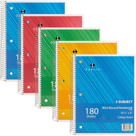 Picture of Sparco Wirebound Notebooks, 8in x 10 1/2in, College Ruled, 180 Sheets, Assorted Colors, Pack Of 5