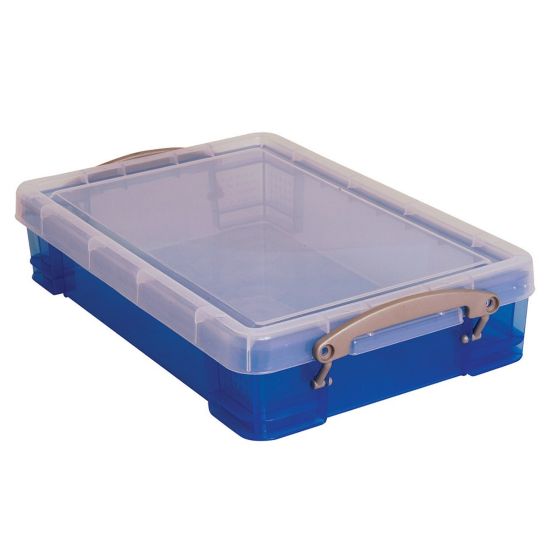 Picture of Really Useful Box Plastic Storage Container With Built-In Handles And Snap Lid, 4 Liters, 14 1/2in x 10 1/4in x 3 1/4in, Transparent Blue