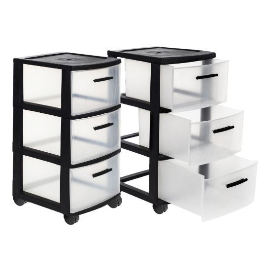 Picture of Inval MQ 3-Drawer Rolling Storage Cabinets, 25-1/2inH x 12-1/2inW x 14-1/2inD, Black/Clear, Set Of 2 Cabinets