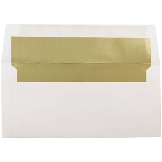 Picture of JAM Paper Foil-Lined Envelopes, 3 7/8in x 8 1/8in, Gummed Seal, White/Gold Lining, Pack Of 25