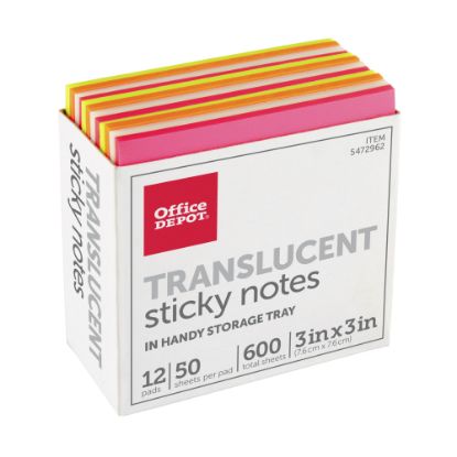 Picture of Office Depot Brand Translucent Sticky Notes, With Storage Tray, 3in x 3in, Assorted Colors, 50 Notes Per Pad, Pack Of 12 Pads