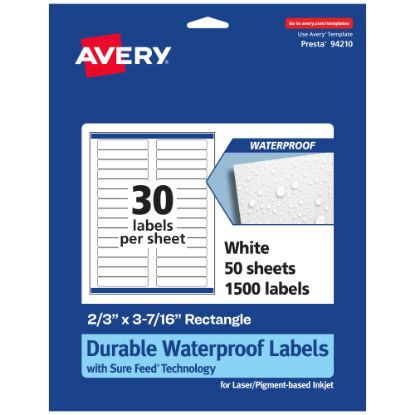 Picture of Avery Waterproof Permanent Labels With Sure Feed, 94210-WMF50, Rectangle, 2/3in x 3-7/16in, White, Pack Of 1,500