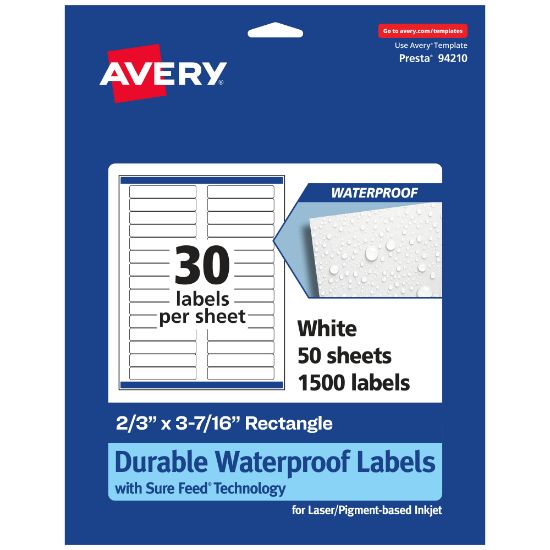 Picture of Avery Waterproof Permanent Labels With Sure Feed, 94210-WMF50, Rectangle, 2/3in x 3-7/16in, White, Pack Of 1,500