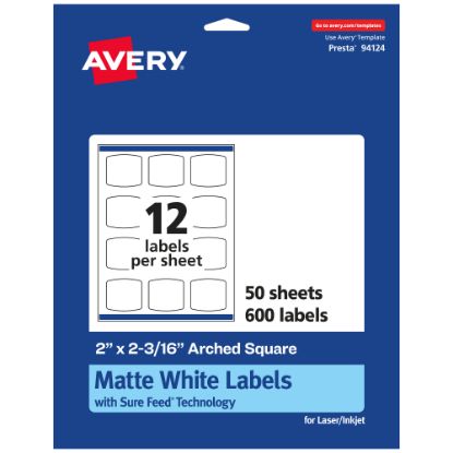 Picture of Avery Permanent Labels With Sure Feed, 94124-WMP50, Arched Square, 2in x 2-3/16in, White, Pack Of 600