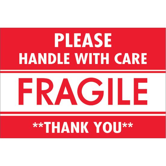 Picture of Tape Logic Preprinted Shipping Labels, DL2157, Fragile - Please Handle With Care - Thank You, Rectangle, 2in x 3in, Red/White, Roll Of 500