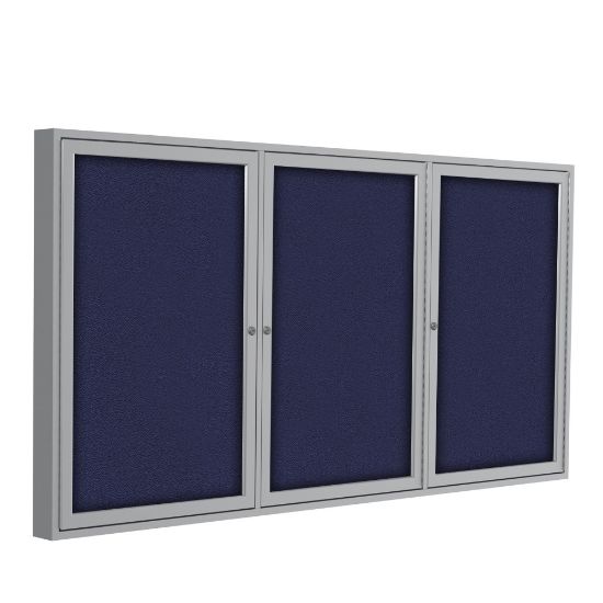 Picture of Ghent 3 Door Enclosed Fabric Bulletin Board, Satin Aluminum Frame, 48inH x 96inW, Blue