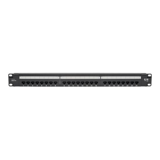 Picture of Eaton Tripp Lite Series Cat5e 24-Port Patch Panel - PoE+ Compliant, 110/Krone, 568A/B, RJ45 Ethernet, 1U Rack-Mount, TAA - Patch panel - rack mountable - CAT 5e - RJ-45 X 24 - black - 1U - 19in - TAA Compliant