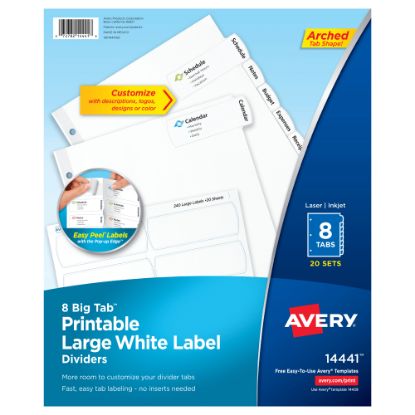 Picture of Avery Big Tab Printable Large Label Dividers, Easy Peel, White, 8-Tab, Pack Of 20 Sets