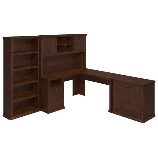 Picture of Bush Business Furniture Yorktown 60inW L-Shaped Corner Desk With Hutch, Lateral File Cabinet And 5-Shelf Bookcase, Antique Cherry, Standard Delivery