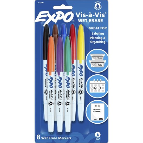 Picture of EXPO Vis-A-Vis Wet-Erase Markers, Fine Point, White Barrels, Assorted Ink Colors, Pack Of 8 Markers