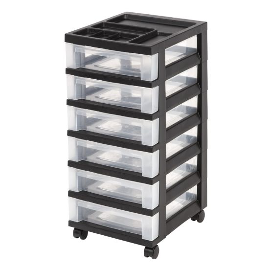 Picture of Office Depot Brand Plastic 6-Drawer Storage Cart, 26 7/16in x 12 1/16in x 14 1/4in, Black