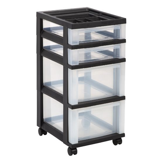 Picture of Office Depot Brand Plastic 4-Drawer Storage Cart, 26 7/16in x 12 1/16in x 14 1/4in, Black