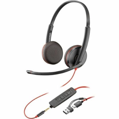 Picture of Poly Blackwire 3225 Stereo USB-C Headset + 3.5mm Plug + USB-C/A Adapter - Stereo - USB Type C, Mini-phone (3.5mm) - Wired - 32 Ohm - On-ear - Binaural - Ear-cup - 7.40 ft Cable - Omni-directional, Noise Cancelling Microphone - Black