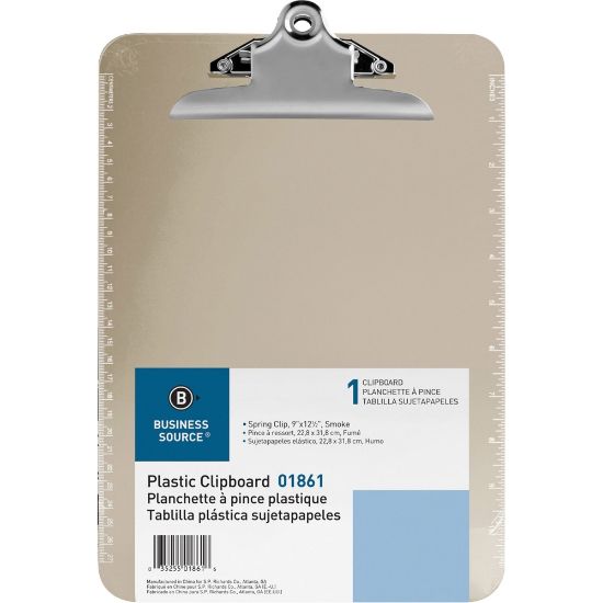 Picture of Sparco Plastic Clipboards - 9in x 12 1/2in - Spring Clip - Plastic - Smoke - 1 Each