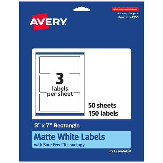 Picture of Avery Permanent Labels With Sure Feed, 94250-WMP50, Rectangle, 3in x 7in, White, Pack Of 150