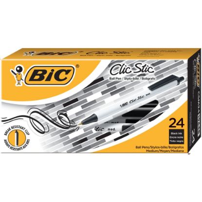 Picture of BIC Clic Stic Retractable Ballpoint Pens, Medium Point, 1.0 mm, White Barrel, Black Ink, Pack Of 24