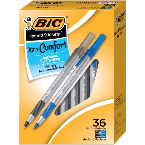 Picture of BIC Round Stic Grip Xtra-Comfort Ballpoint Pens, Medium Point, 1.2 mm, Assorted Barrels, Assorted Ink Colors, Box Of 36