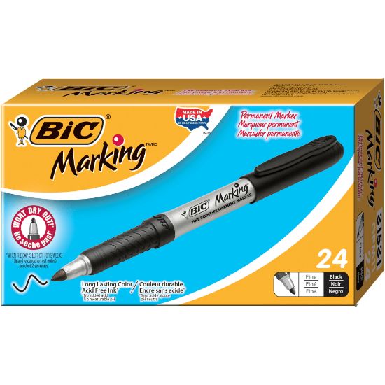 Picture of BIC Mark-it Permanent Markers, Fine Point, Silver Barrel, Black Ink, Box Of 24