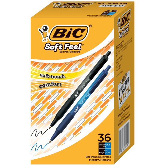 Picture of BIC SoftFeel Retractable Ballpoint Pens, Medium Point, 1.0 mm, Assorted Barrels, Assorted Ink Colors, Box Of 36