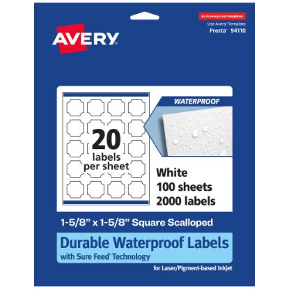 Picture of Avery Waterproof Permanent Labels With Sure Feed, 94110-WMF100, Square Scalloped, 1-5/8in x 1-5/8in, White, Pack Of 2,000