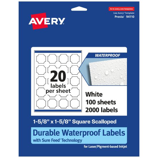 Picture of Avery Waterproof Permanent Labels With Sure Feed, 94110-WMF100, Square Scalloped, 1-5/8in x 1-5/8in, White, Pack Of 2,000