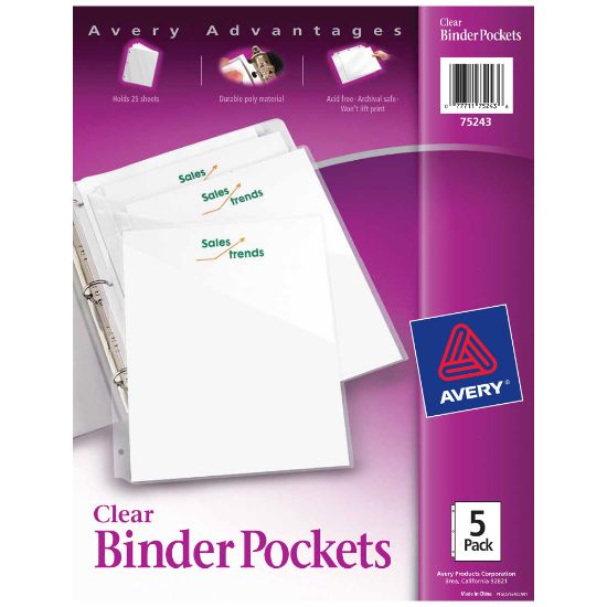 Picture of Avery Binder Pockets For 3 Ring Binders, Clear, Pack Of 5 Binder Pockets