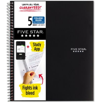 Picture of Five Star Wire-Bound Notebook, 8-1/2in x 11in, 5 Subject, College Ruled, 200 Sheets, Black