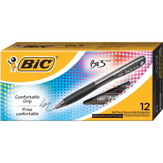 Picture of BIC BU3 Grip Retractable Ballpoint Pens, Medium Point, 1.0 mm, Clear Barrel, Black Ink, Pack Of 12