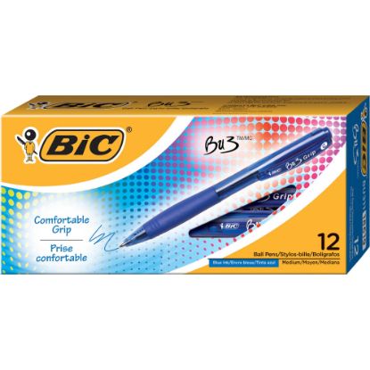 Picture of BIC BU3 Grip Retractable Ballpoint Pens, Medium Point, 1.0 mm, Clear Barrel, Blue Ink, Pack Of 12