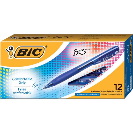 Picture of BIC BU3 Grip Retractable Ballpoint Pens, Medium Point, 1.0 mm, Clear Barrel, Blue Ink, Pack Of 12