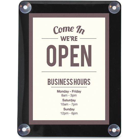 Picture of deflecto Double-sided Window Display Sign - 1 Each - Come in, we are open Print/Message - 8.5in Width x 11in Height - Rectangular Shape - UV Resistant, Heat Resistant, Double-sided - Clear