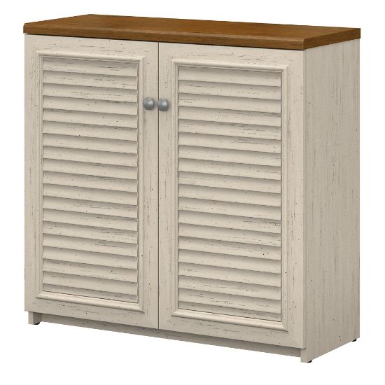 Picture of Bush Furniture Fairview Small Storage Cabinet With Doors, Antique White/Tea Maple, Standard Delivery