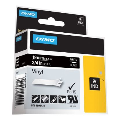 Picture of DYMO Vinyl Label Tape, DYM1805436, Permanent Adhesive, 3/4inW x 18L, Thermal Transfer, Black/White